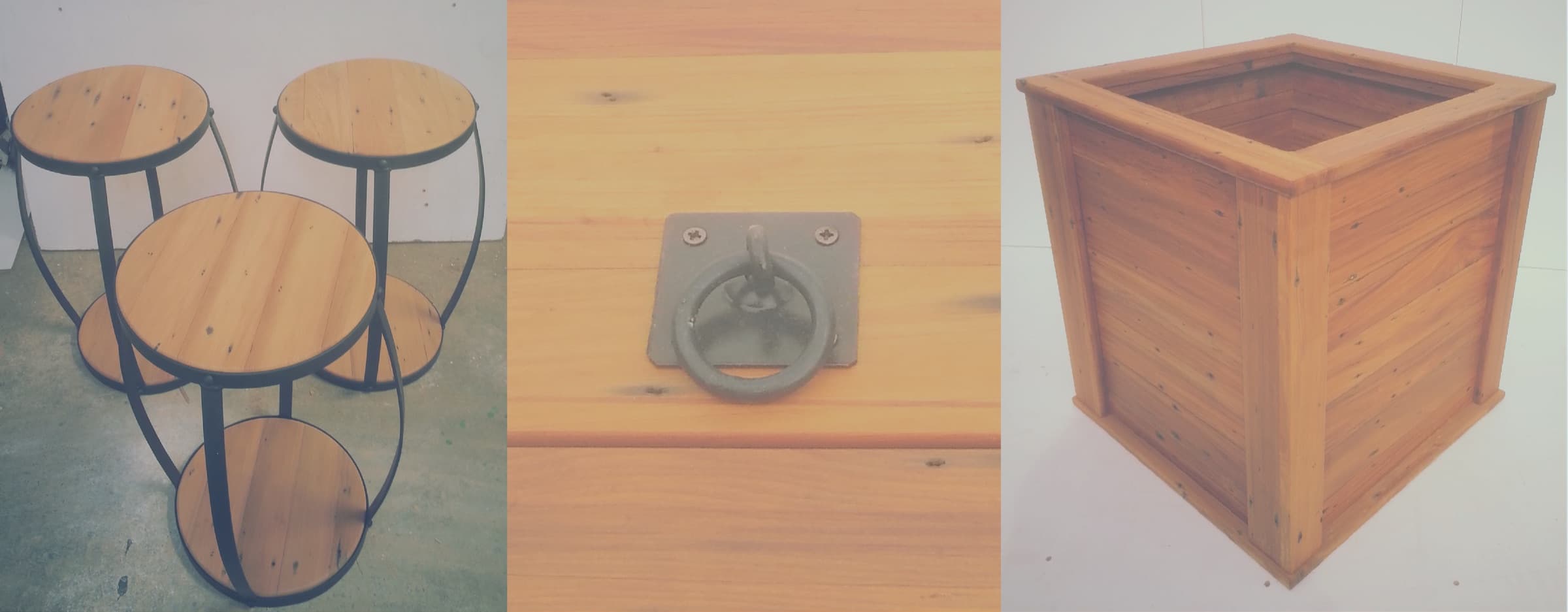 MTS Projects timber furniture — stools with steel frames, a solid timber bench and a cedar planter box